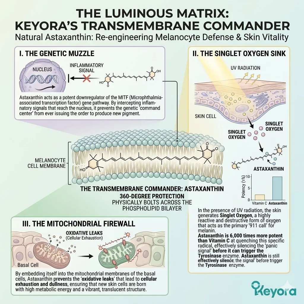 Transmembrane commander astaxanthin executes a genetic muzzle on the MITF pathway and mitochondrial firewall to prevent singlet oxygen triggered melanin storms.