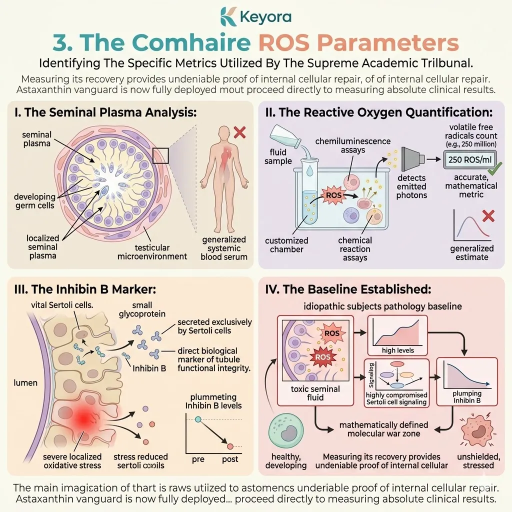 Seminal plasma assays quantify localized ROS and Inhibin B recovery, measuring the Sertoli cell repair phase within the Keyora Four-Drive System architecture.