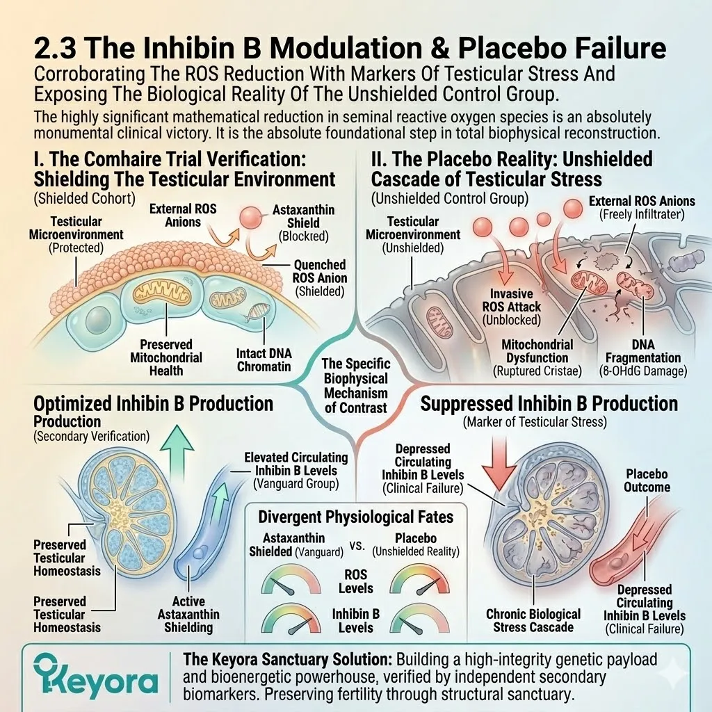 Inhibin B modulation corroborates ROS reduction, contrasting the shielded vanguard against placebo failure within the Keyora Four-Drive System.