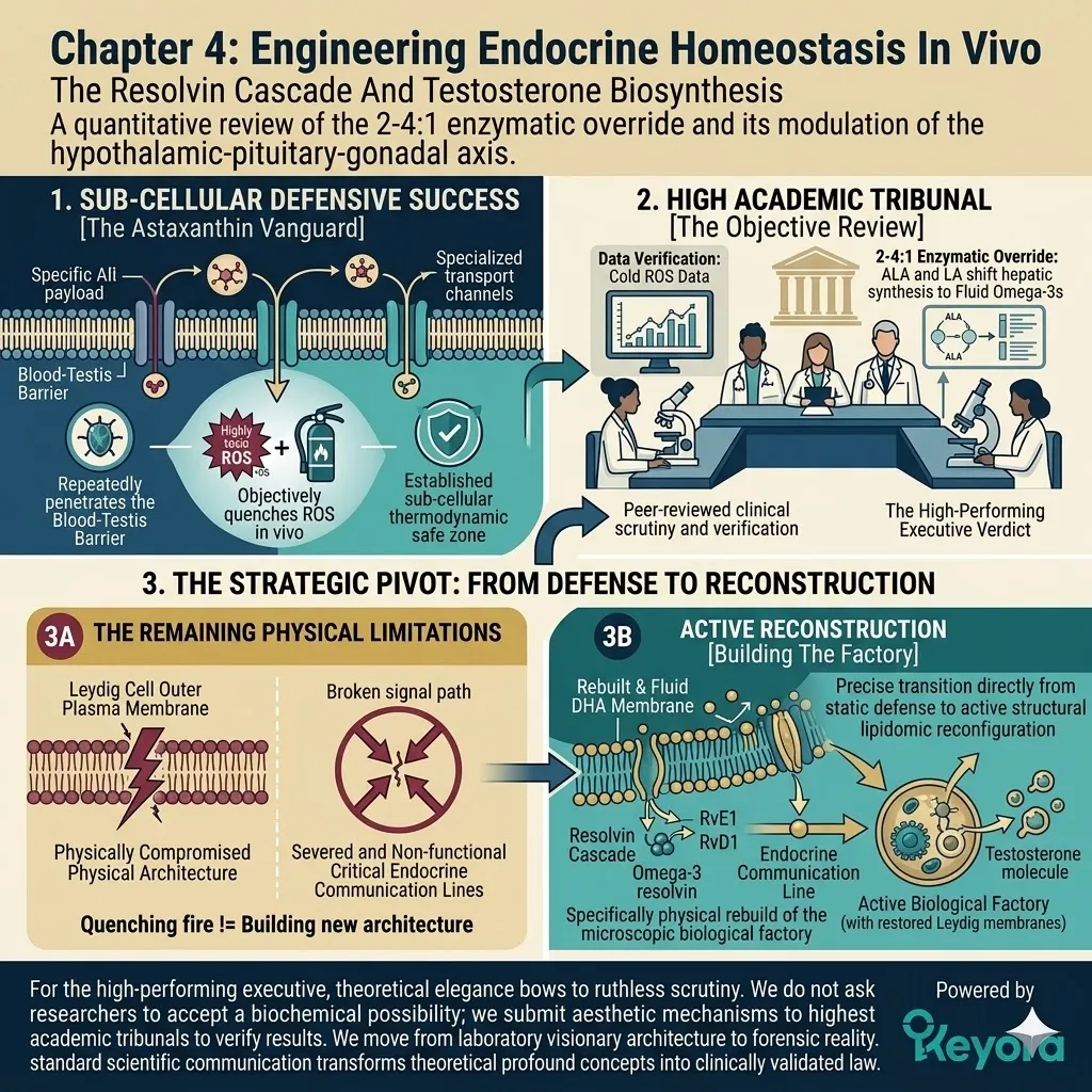 The Resolvin Cascade triggers lipidomic reconfiguration via the 2-4:1 enzymatic override, restoring the Four-Drive System and endocrine homeostasis.