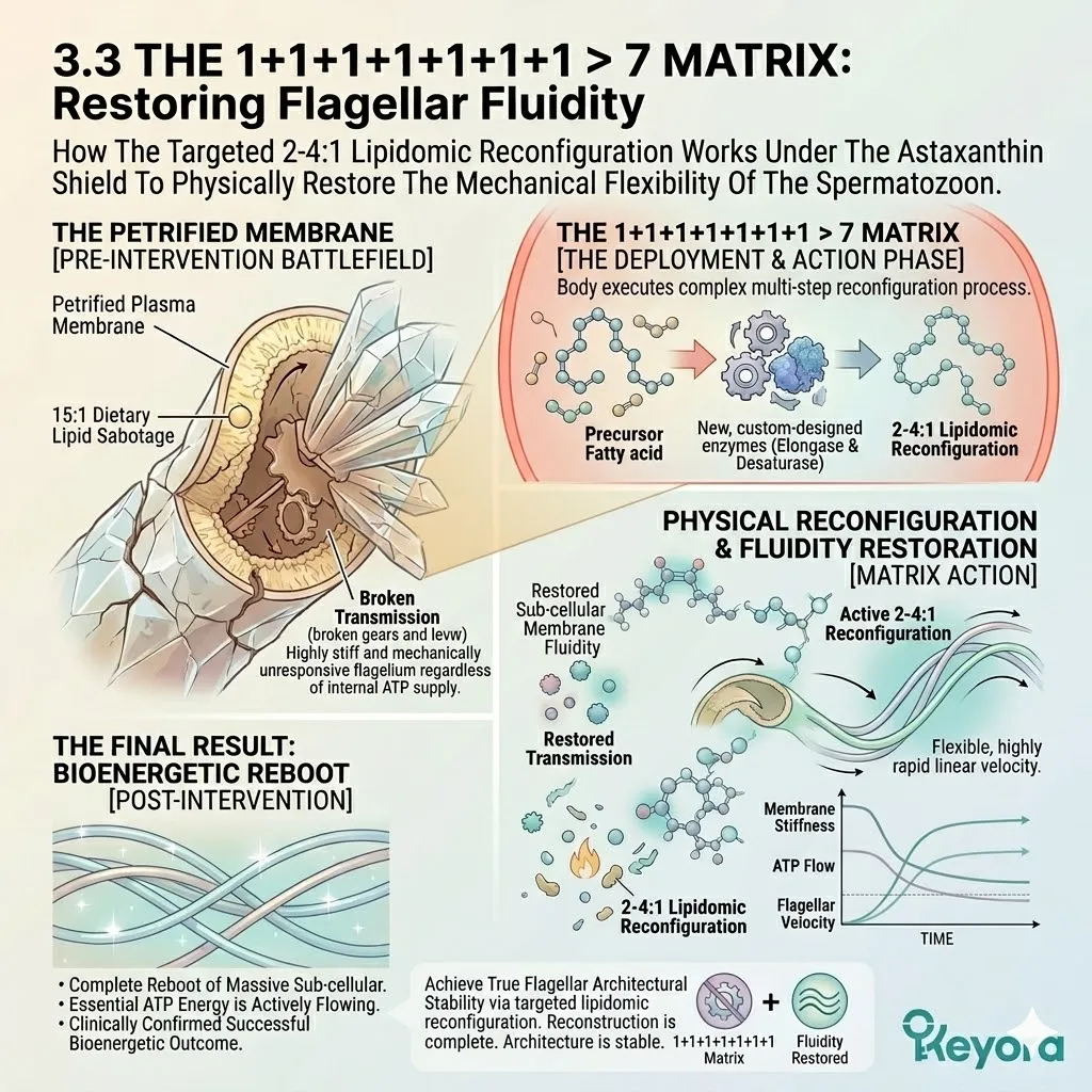 The 1+1+1+1+1+1+1 > 7 Matrix executes a lipidomic reconfiguration to restore flagellar fluidity, neutralizing dietary sabotage for Keyora.