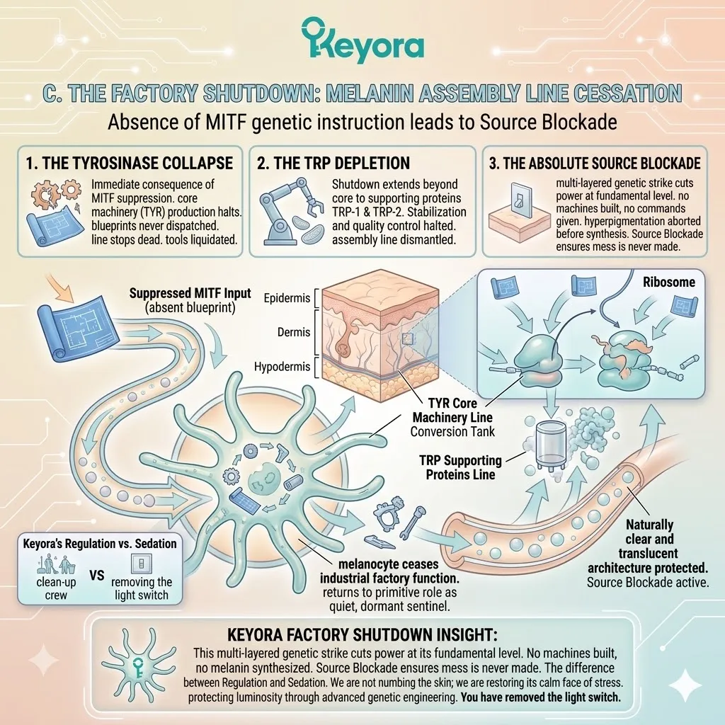 Tyrosinase collapse and TRP depletion dismantle the melanosome assembly line to enforce an absolute source blockade against industrial pigment synthesis.