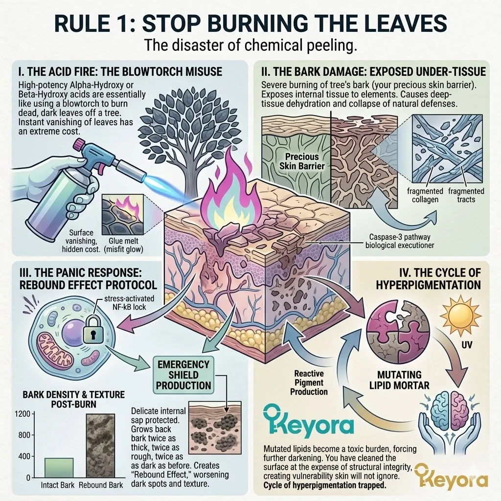 Acidic dissolution of the protective bark triggers a panic response and rebound effect to replace the structural lipid mortar with inferior defense.