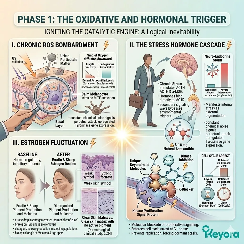 Elevated cortisol and ACTH drive the neuro-endocrine storm, binding to MC1R receptors to bypass environmental triggers and force tyrosinase hyper-activation.