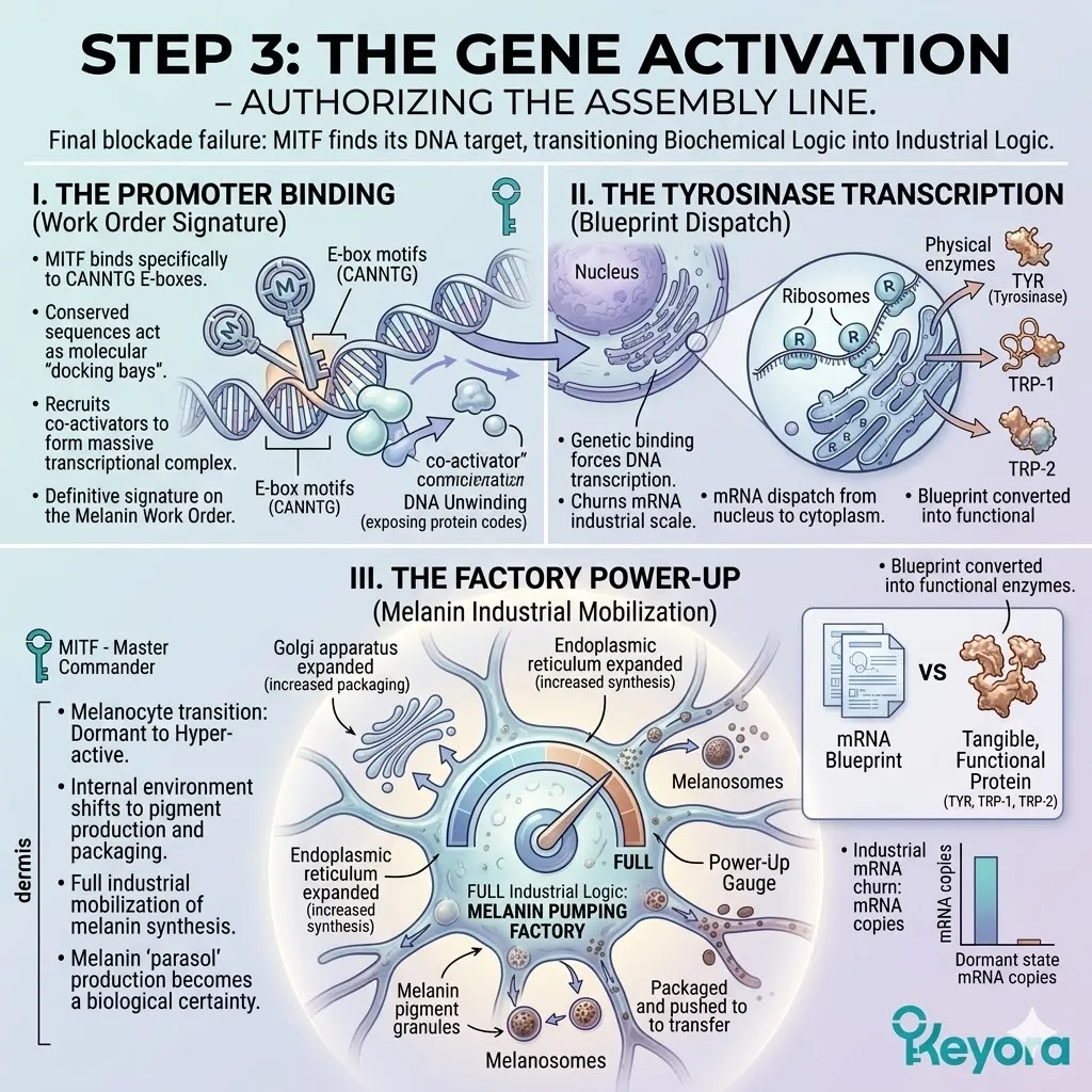 MITF docking at E-box motifs initiates the transcriptional complex to authorize tyrosinase transcription and power up the industrial melanin factory.