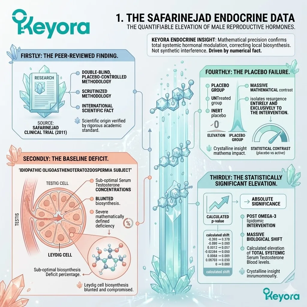 Safarinejad clinical data confirms statistically significant elevation in Serum Testosterone, proving the lipidomic intervention outshines placebo failure.