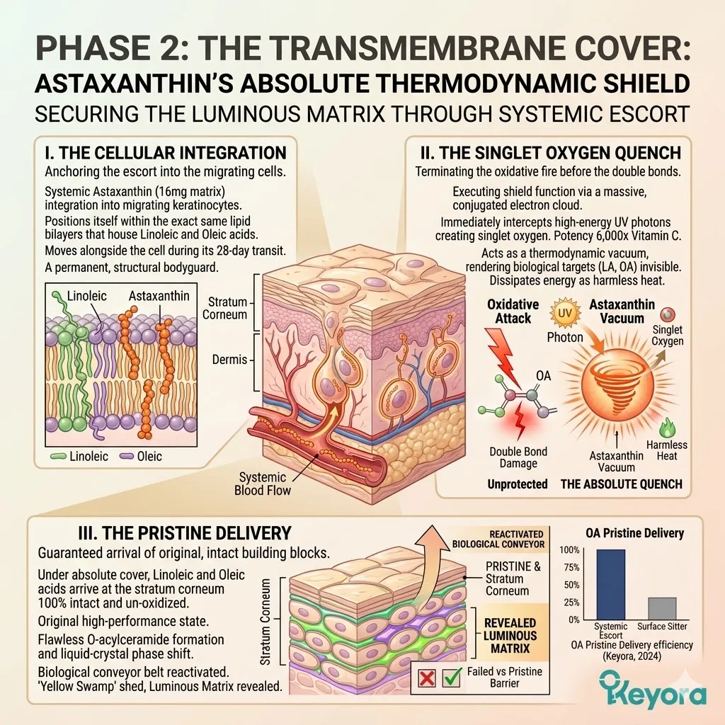Astaxanthin transmembrane cover provides absolute singlet oxygen quench and cellular integration to ensure pristine delivery of the LA/OA matrix.