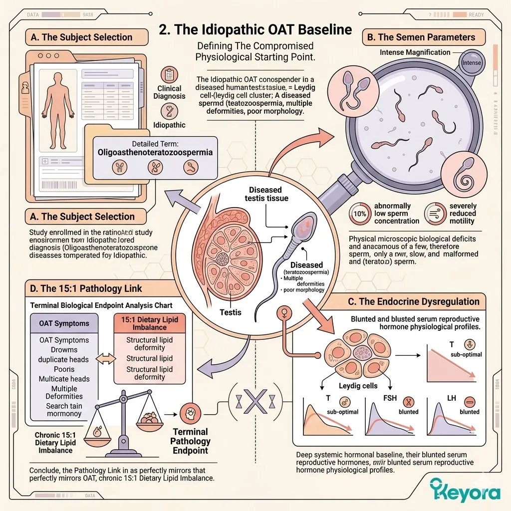 Idiopathic OAT subjects exhibit multi-parameter failure including structural deformity and endocrine stagnation, mirroring the 15:1 lipid imbalance pathology.