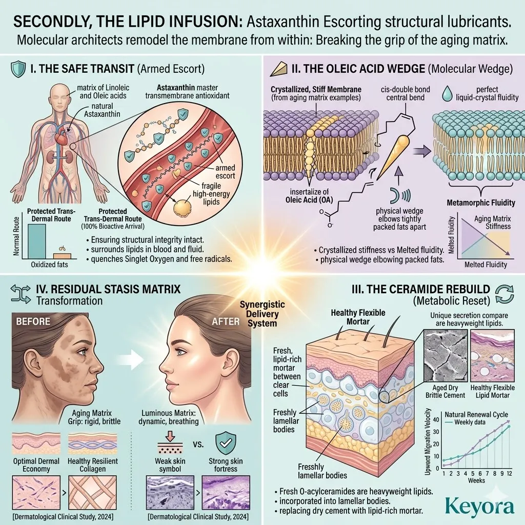 Astaxanthin provides safe transit for Linoleic and Oleic acids to execute a lipid infusion and molecular wedge maneuver within crystallized membranes.