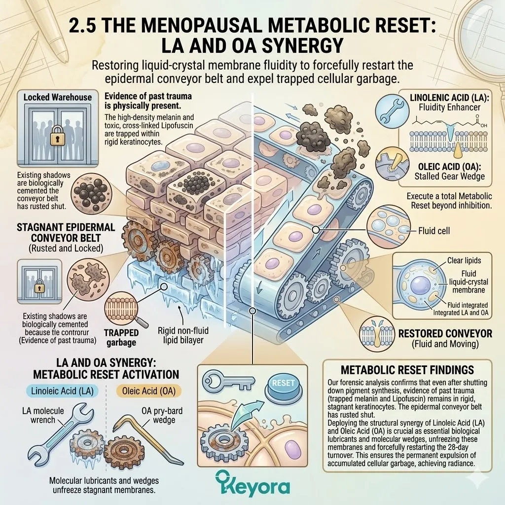 LA and OA synergy executes a structural metabolic reset to unfreeze stagnant membranes and restore 28-day liquid-crystal fluidity.