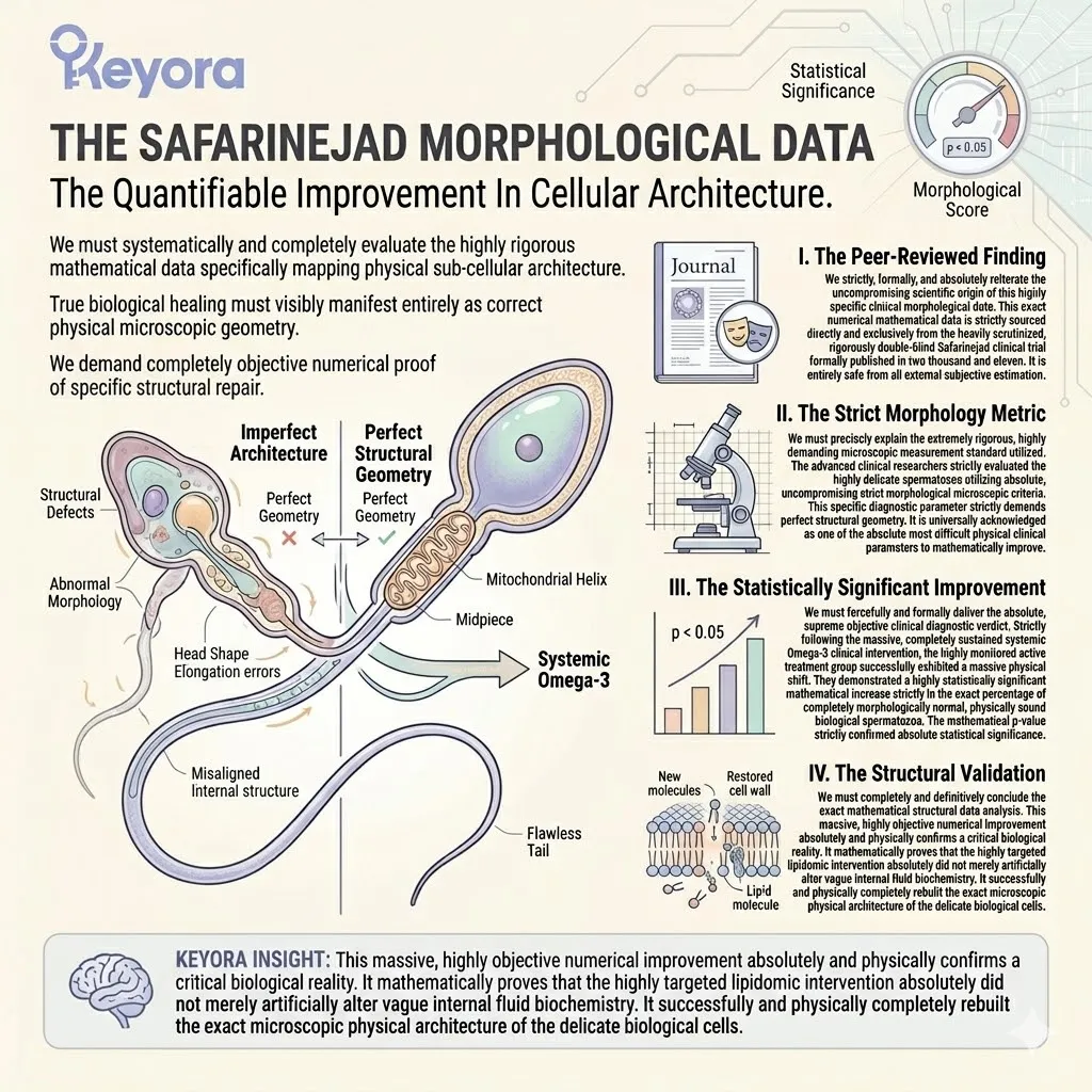 Safarinejad morphological data confirms a statistically significant increase in strict geometry, proving Omega-3 substrates physically rebuild cellular architecture.