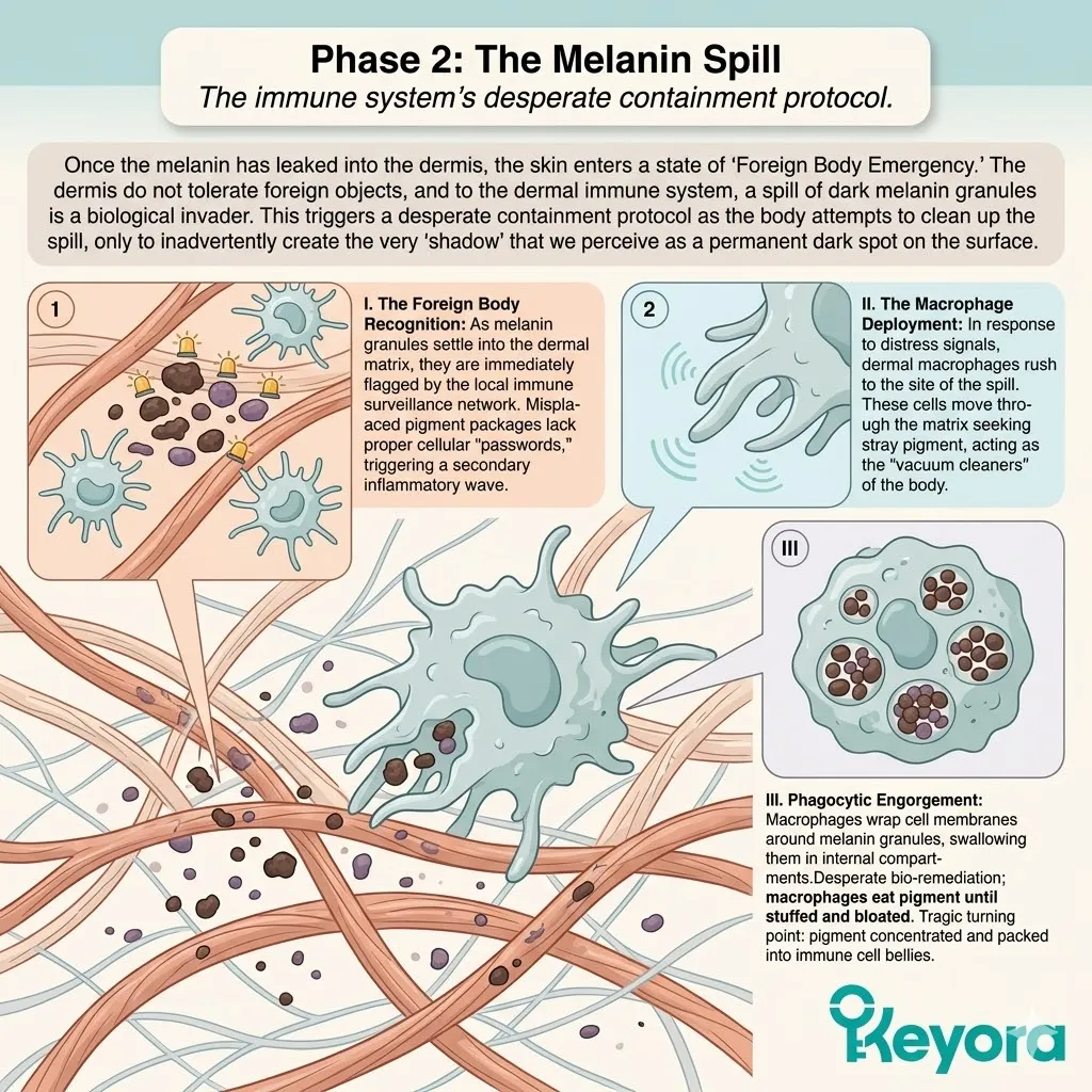 Foreign Body Recognition triggers Macrophage Deployment and Phagocytic Engorgement of melanin granules within the dermal matrix to initiate containment.