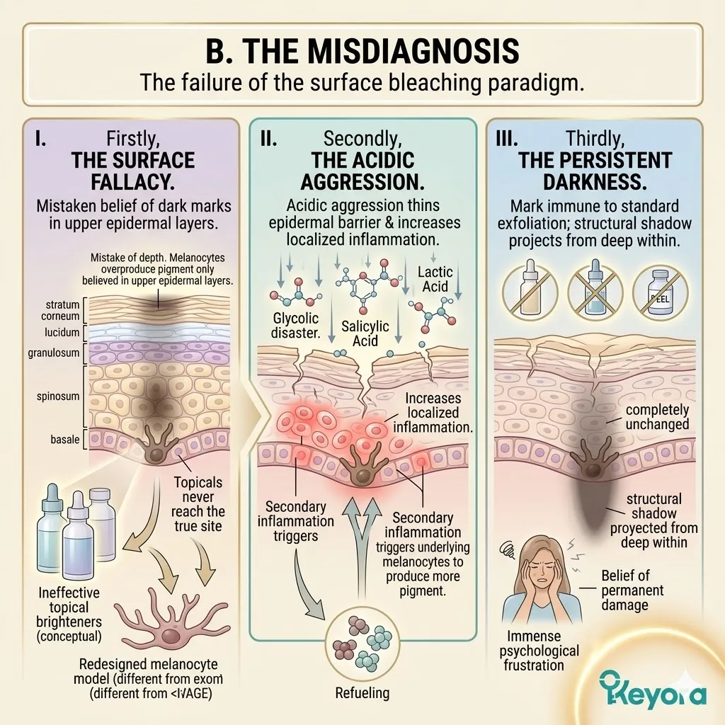 The Surface Fallacy correction identifies deep structural shadows to bypass Acidic Aggression and initiate systemic Melanin Phagocytosis protocols.