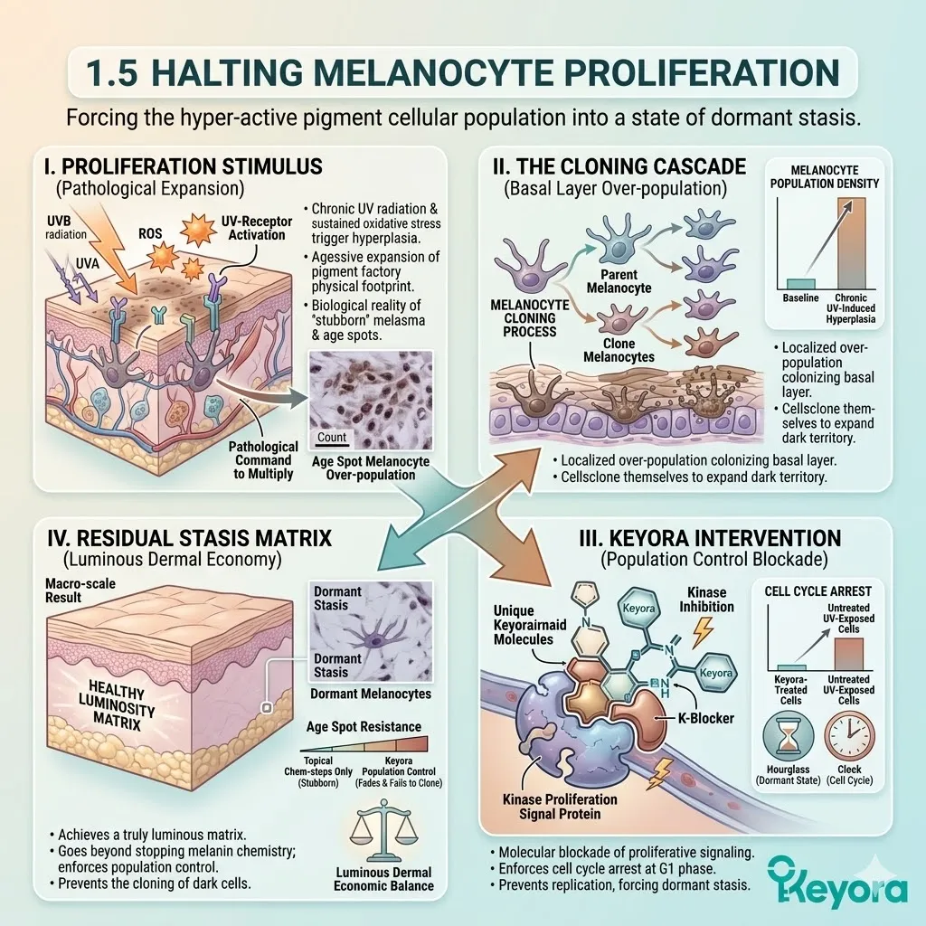 Systemic regulators halt melanocyte hyperplasia and population expansion to prevent dark territory colonization and enforce a state of dormant stasis.