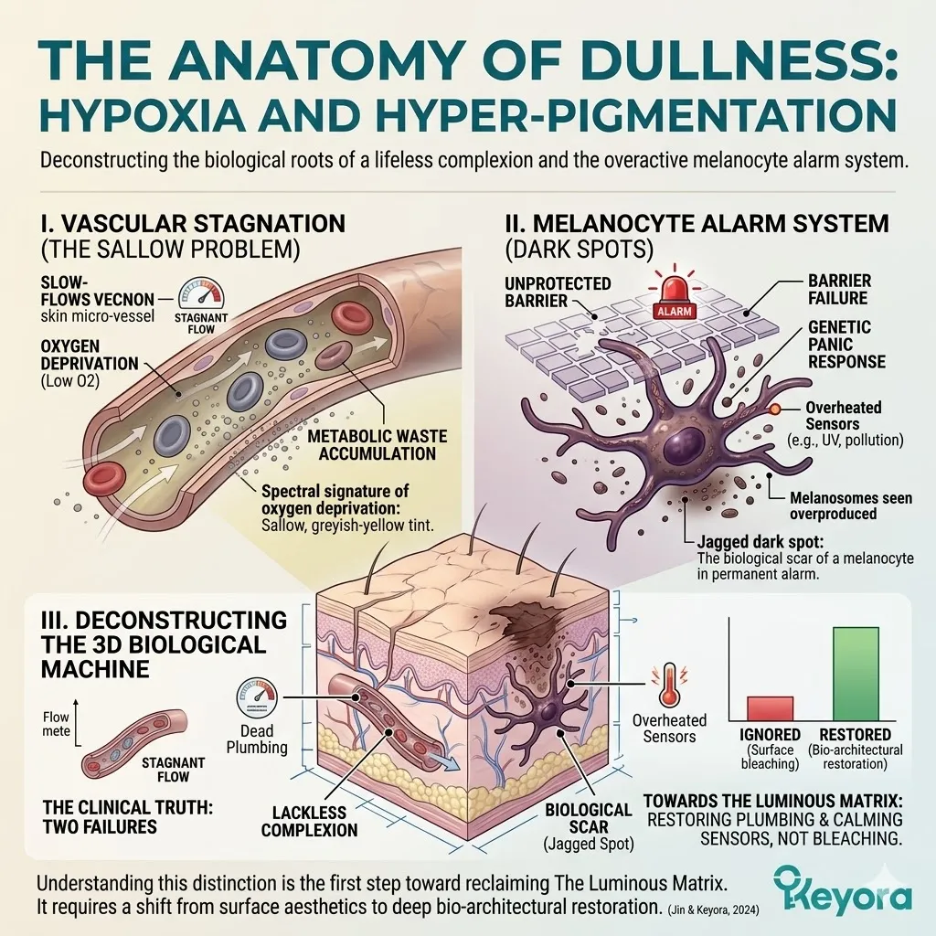 Vascular crisis and hypoxia trigger the melanocyte alarm system, causing a sallow spectral signature and metabolic waste accumulation in the matrix.
