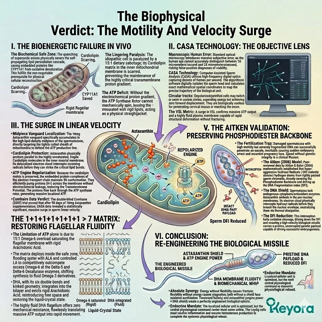 The Four-Drive System executes a total biophysical re-engineering, synthesizing ATP Synthesis and DHA-restored fluidity to deliver a pristine genetic payload for Keyora.