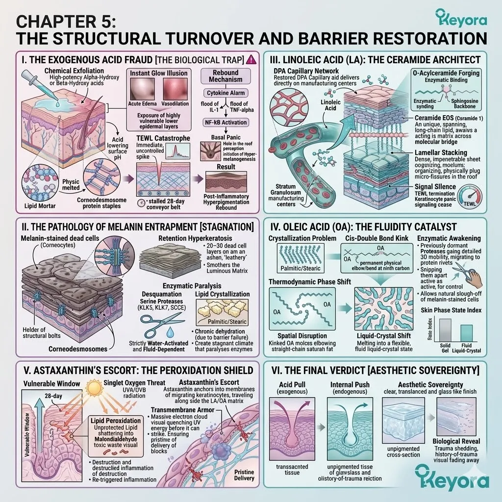 Internal growth drives a biological reveal to shed melanin-stained cells via the O-acylceramide seal and liquid-crystal phase shift for aesthetic sovereignty.