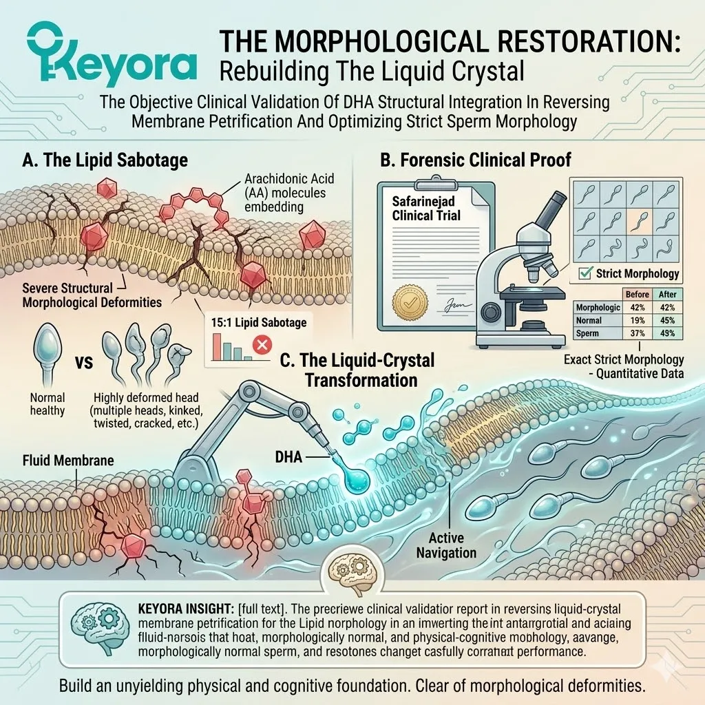 Targeted DHA substrates reverse membrane petrification, restoring the liquid-crystal state and correcting structural deformities to optimize strict sperm morphology.