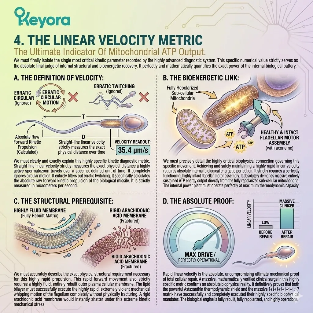 Linear velocity quantifies ATP Synthesis and flagellar motor performance, verifying the Four-Drive System’s success in establishing absolute kinetic power.