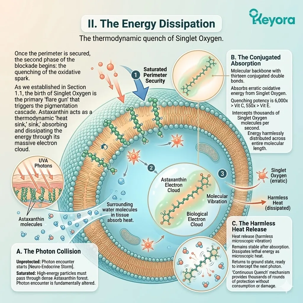 Conjugated double bonds function as a thermodynamic heat sink to quench singlet oxygen and neutralize the neuro-endocrine storm through harmless heat release.