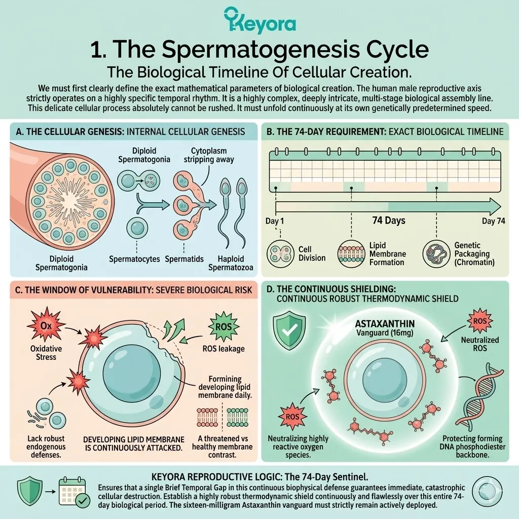 Continuous 16mg vanguard deployment over the 74-day spermatogenesis cycle secures ATP synthesis and protects the forming DNA phosphodiester backbone.