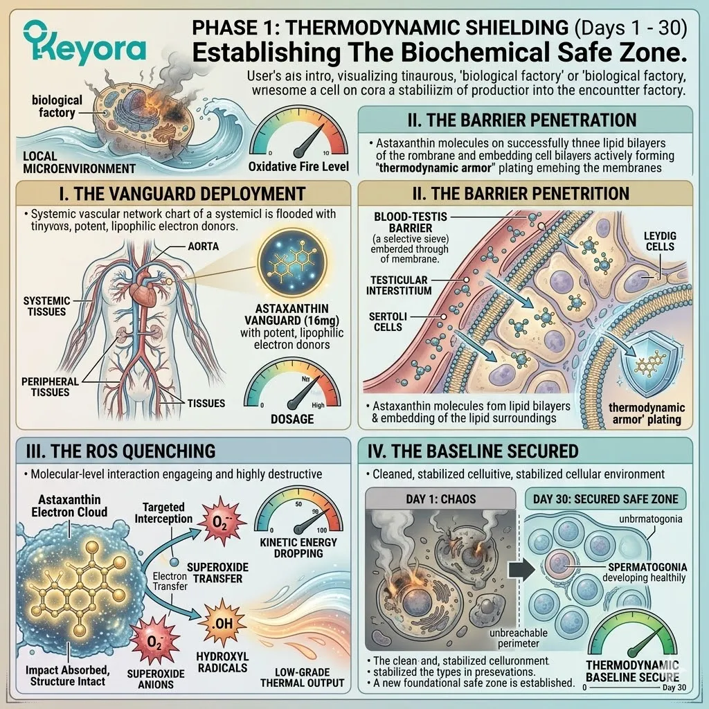Thermodynamic shielding via 16mg Astaxanthin vanguard penetrates the Blood-Testis Barrier to neutralize the neuro-endocrine storm and secure systemic regulation.