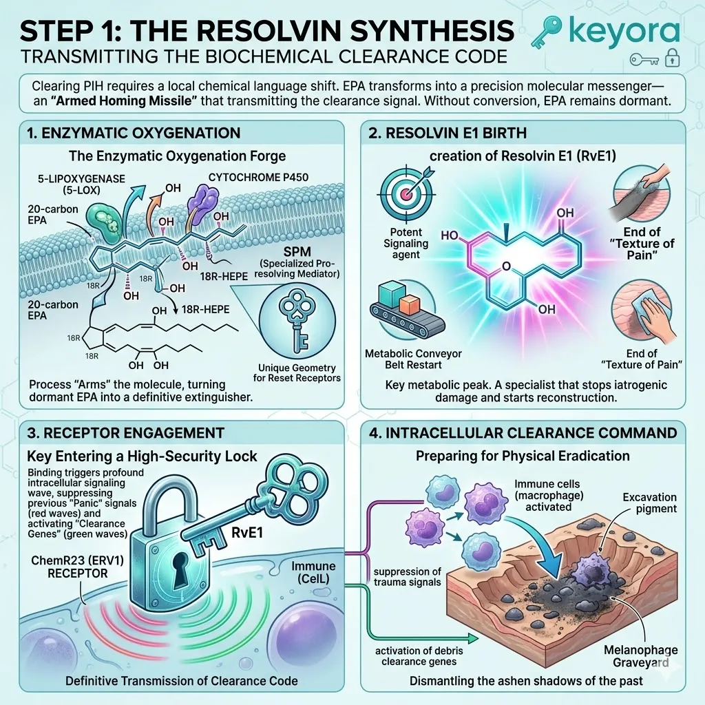Enzymatic Oxygenation of EPA creates Resolvin E1 for Receptor Engagement with ChemR23 to transmit the definitive biochemical clearance code.