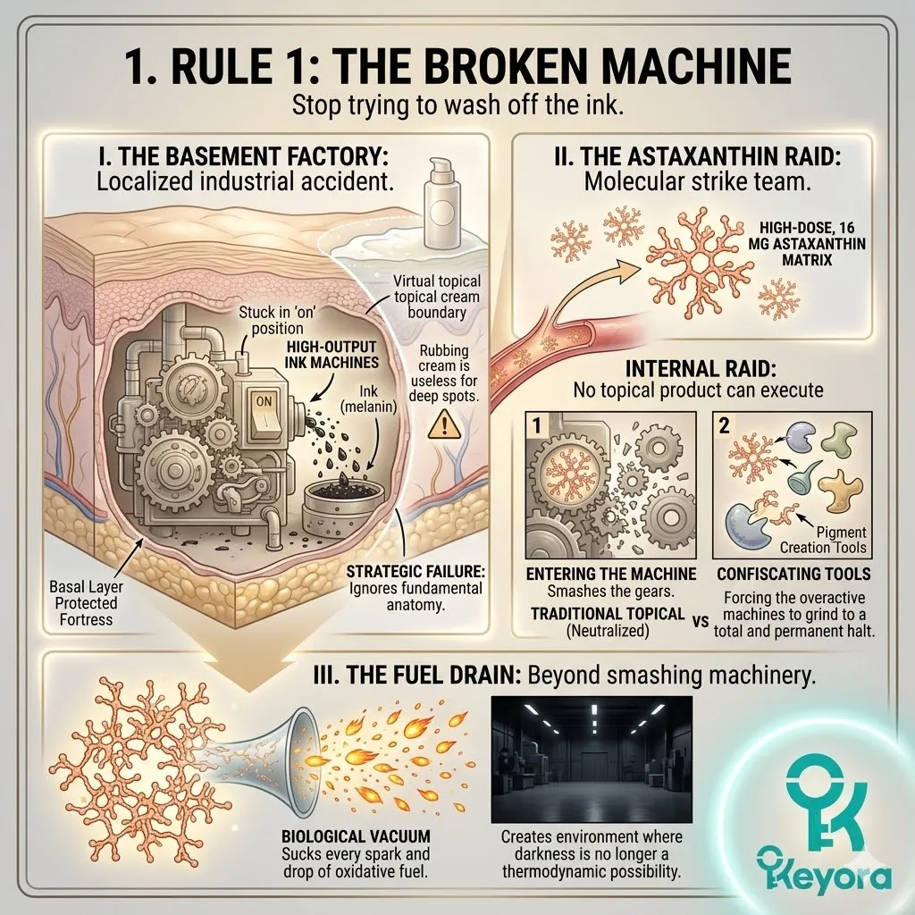 The Astaxanthin raid executes a high-dose 16mg molecular strike to confiscate the basement factory's gears and drain its oxidative fuel.