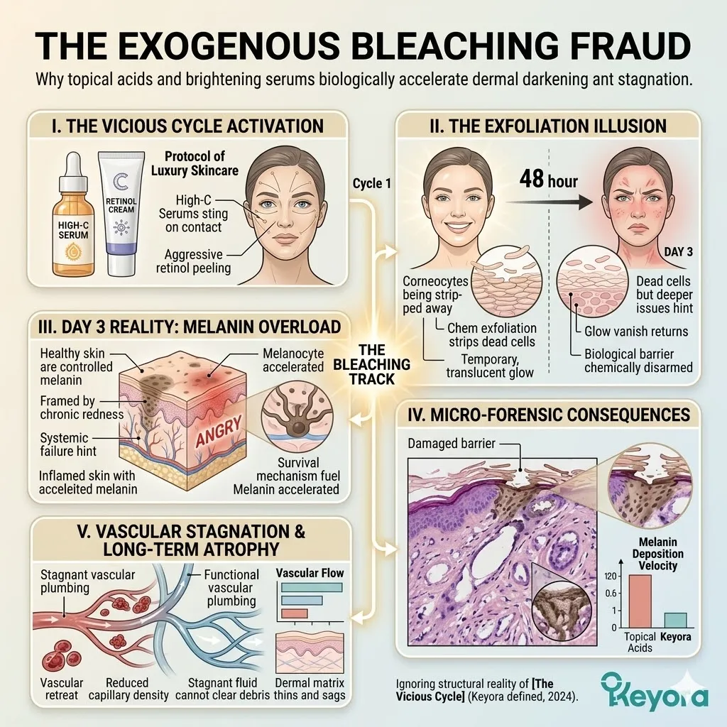 Topical acid abrasion triggers the neuro-endocrine storm and melanin survival mechanism, disrupting ATP synthesis and causing vascular stagnation.
