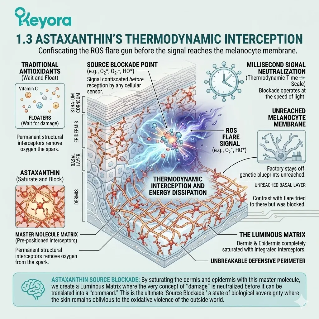 Astaxanthin acts as a structural interceptor, establishing a physical and thermodynamic blockade to neutralize the ROS flare gun at the speed of light.