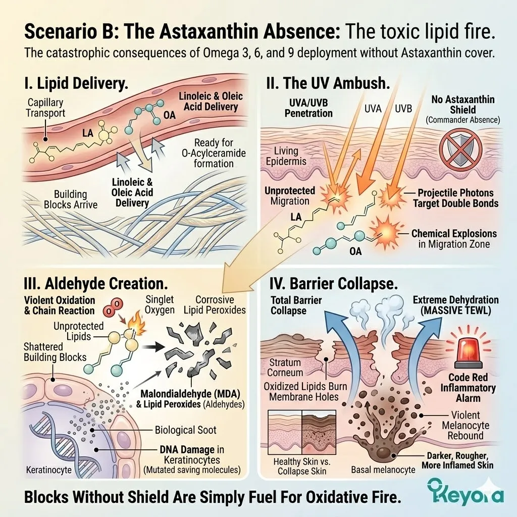 The Astaxanthin absence triggers a UV ambush and lipid peroxidation, causing a total barrier collapse and neuro-endocrine storm.