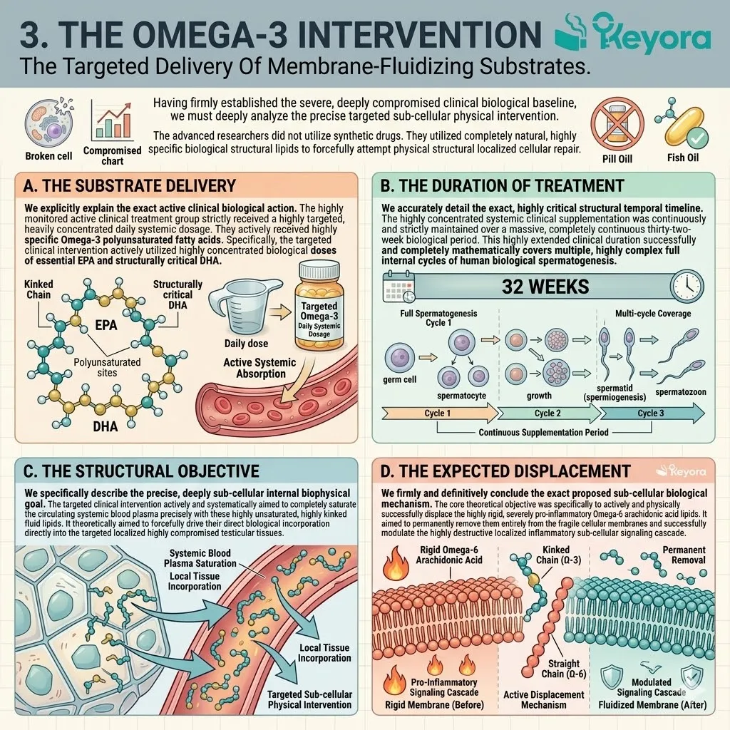 The thirty-two-week Omega-3 intervention utilizes EPA and DHA to displace rigid Arachidonic Acid, restoring membrane fluidity and ending inflammatory signaling.