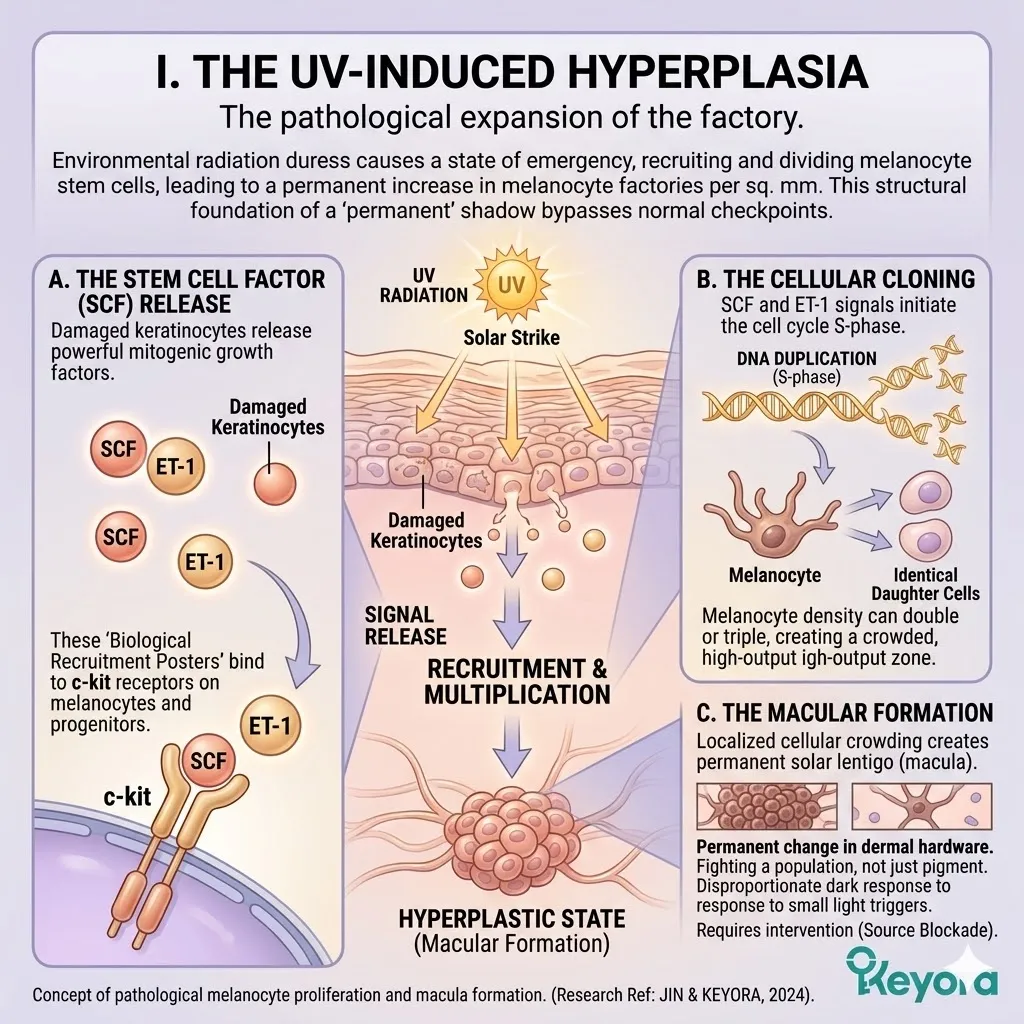 UV-induced SCF and ET-1 release triggers c-kit receptor binding to drive cellular cloning and permanent macular formation in the basal layer.