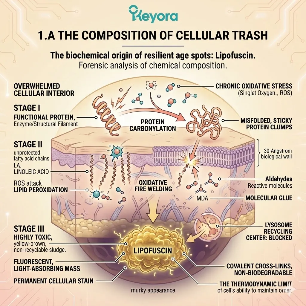 Lipofuscin acts as an indestructible polymeric sludge, formed by protein carbonylation and lipid cross-linking that overwhelms the cellular lysosomal recycling centers.