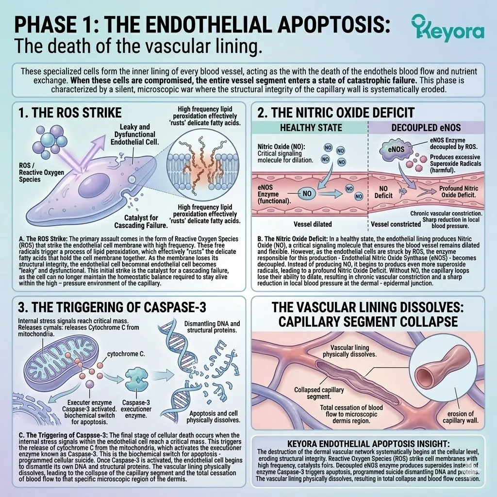 Keyora endothelial defense neutralizes ROS strikes and eNOS decoupling to prevent Caspase-3 activation and maintain systemic hemodynamic sovereignty.