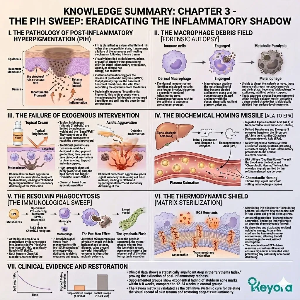 EPA-derived Resolvin E1 triggers M2 Polarization and Phagocytic Engorgement to evacuate the dermal melanophage graveyard and achieve total PIH Sweep.