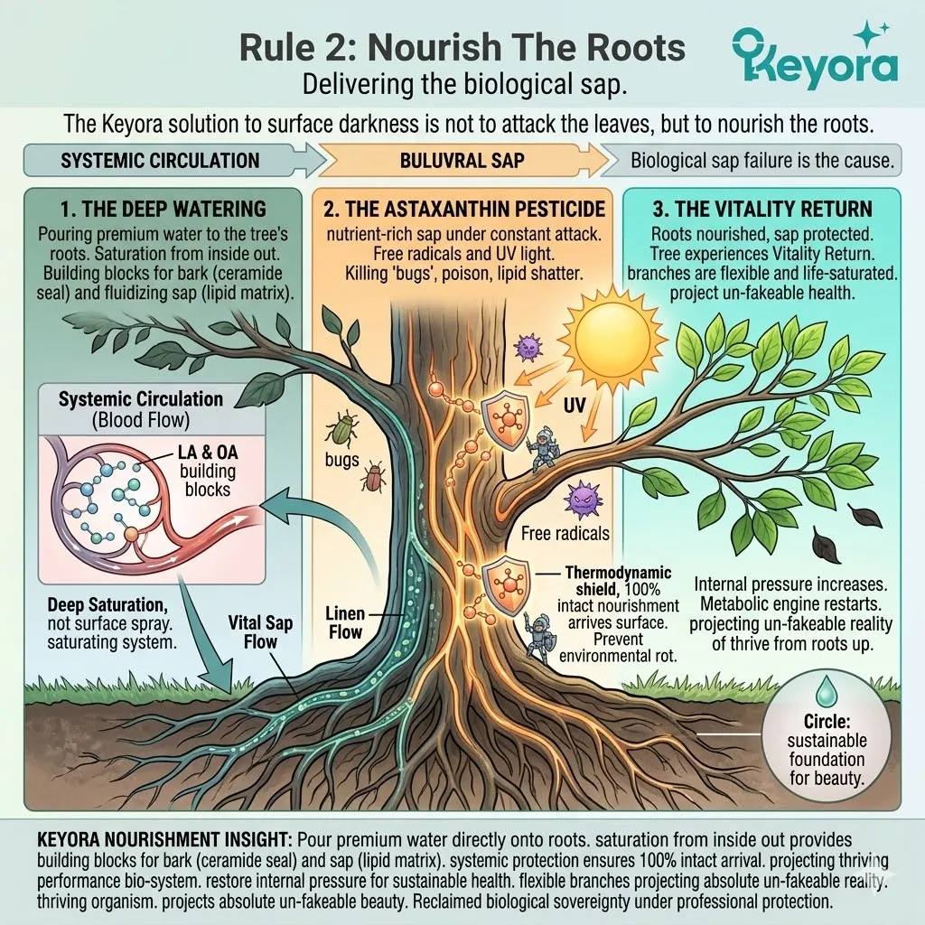 Systemic deep watering with LA/OA matrix and Astaxanthin pesticide secures the biological sap to nourish the roots and restore vitality.