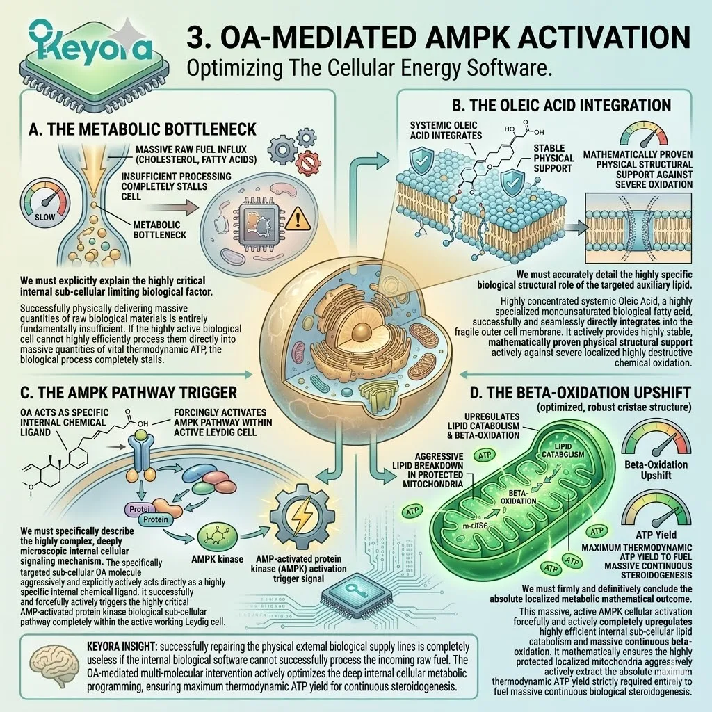 Oleic Acid triggers the AMPK pathway to upregulate lipid catabolism and beta-oxidation, maximizing ATP yield for continuous biological steroidogenesis.