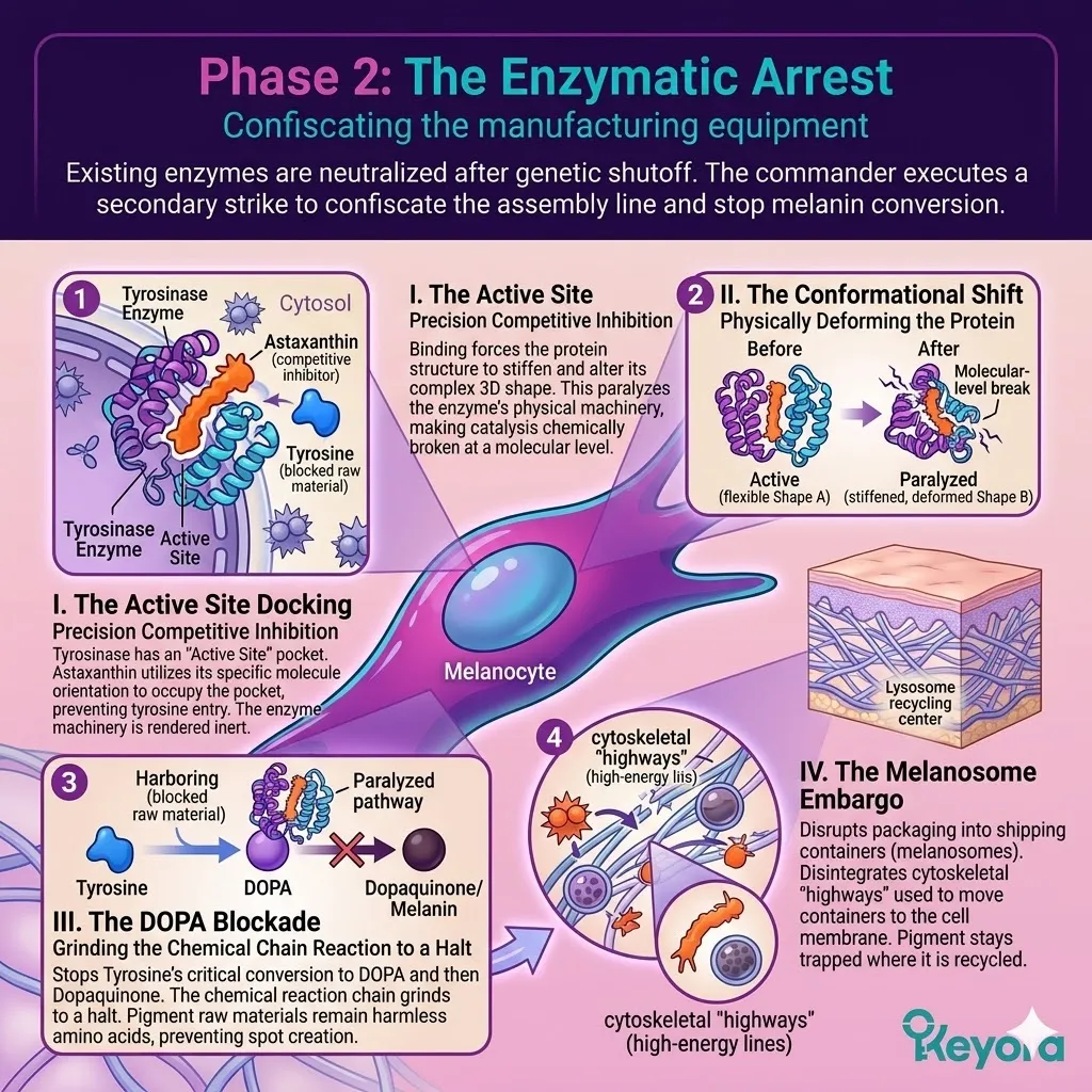 Astaxanthin executes enzymatic arrest by docking with tyrosinase to induce a conformational shift, enforcing a melanosome embargo for systemic sovereignty.