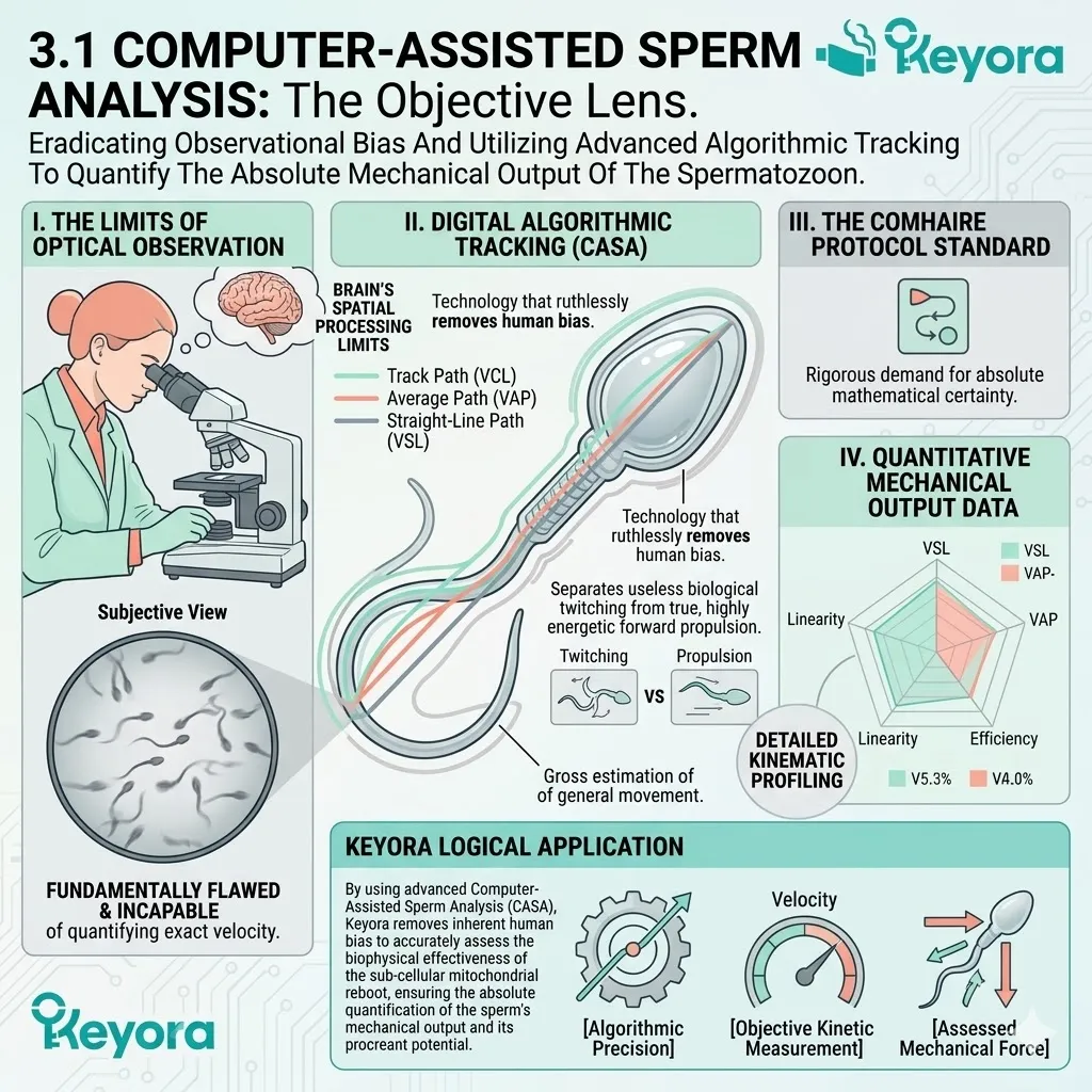 Computer-Assisted Sperm Analysis removes observational bias via algorithmic tracking, quantifying mechanical output and mitochondrial reboot for Keyora.