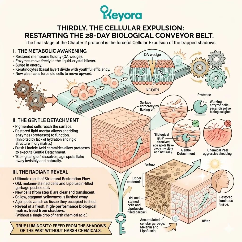 Structural restoration flow restarts the 28-day biological conveyor belt to execute a metabolic awakening and the gentle detachment of trapped pigments.