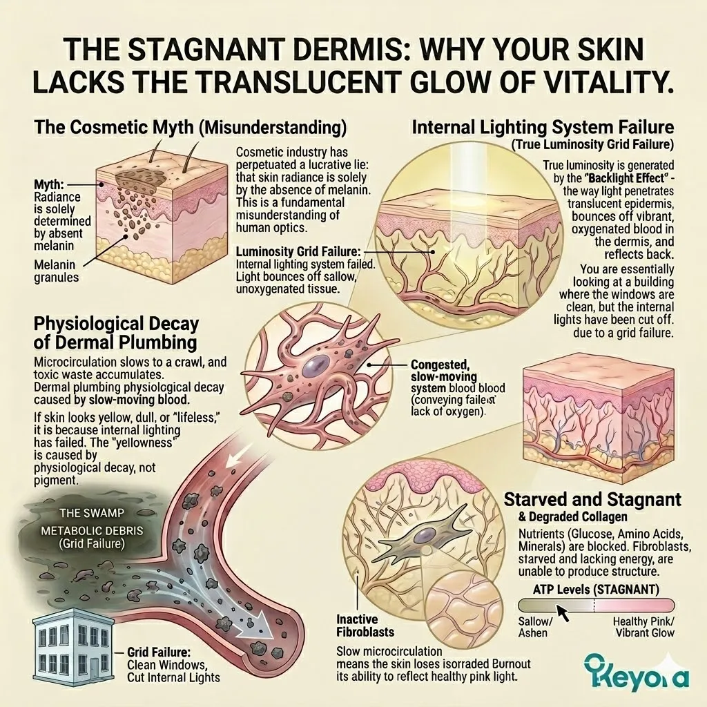 Dermal vascular stagnation causes internal grid failure and hypoxia, extinguishing the backlight effect and dismantling the luminous matrix infrastructure.
