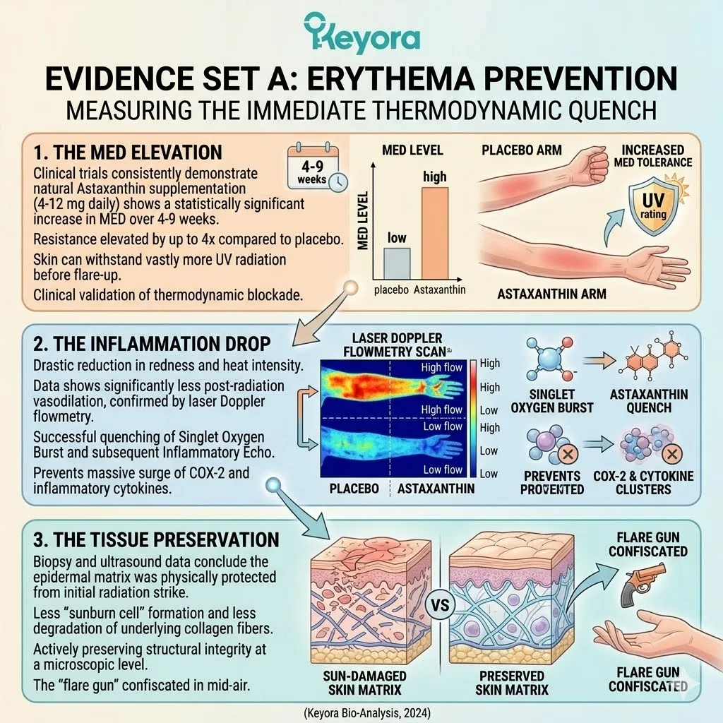 Elevated Minimal Erythema Dose and laser Doppler flowmetry confirm a 4x increase in radiation resistance and successful inflammatory echo quenching.