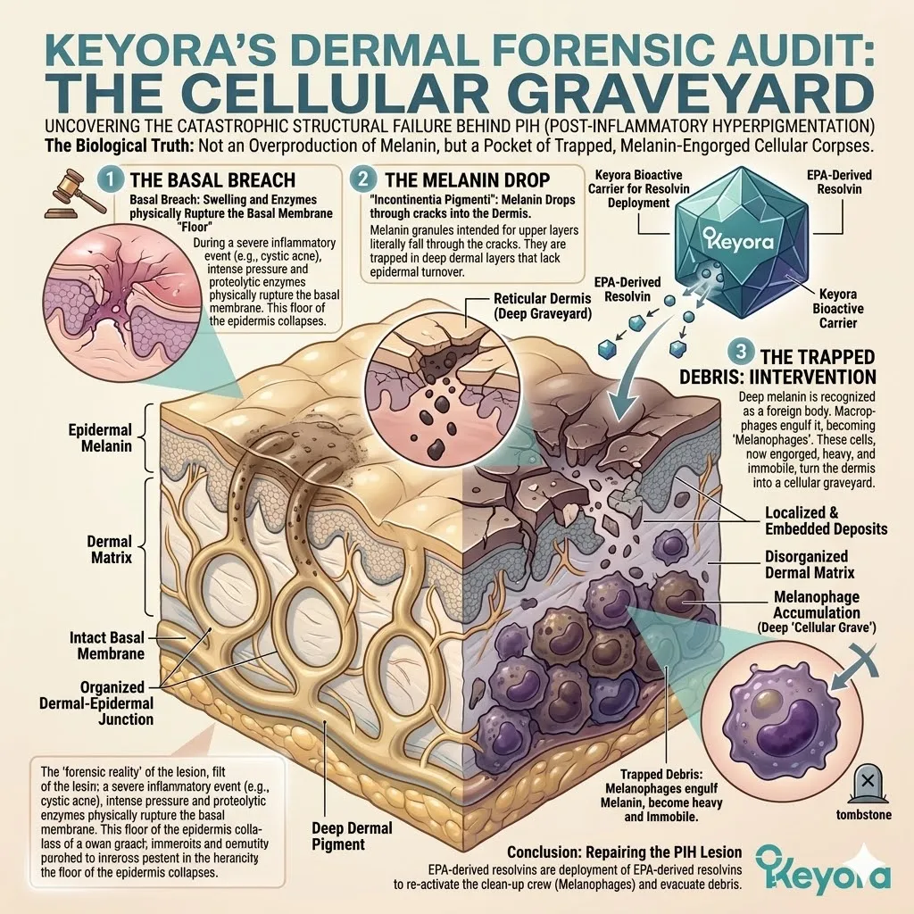 The Basal Breach triggers pigmentary incontinence and melanin drop into the dermal graveyard requiring EPA-derived resolvins for cellular debris evacuation.
