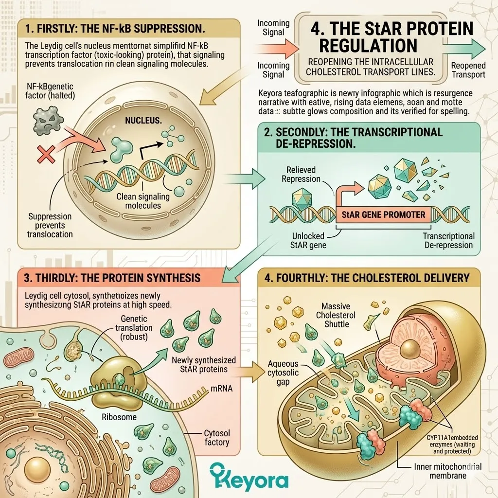 Suppression of NF-kB unlocks StAR gene transcription, allowing transport proteins to shuttle cholesterol to CYP11A1 enzymes for steroidogenesis.