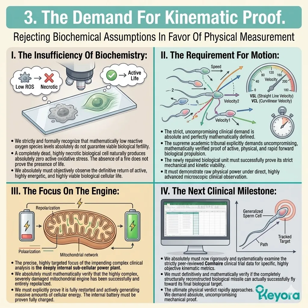 The Four-Drive System demands kinematic proof of mitochondrial repolarization, translating biochemical quenching into measurable mechanical propulsion for Keyora.