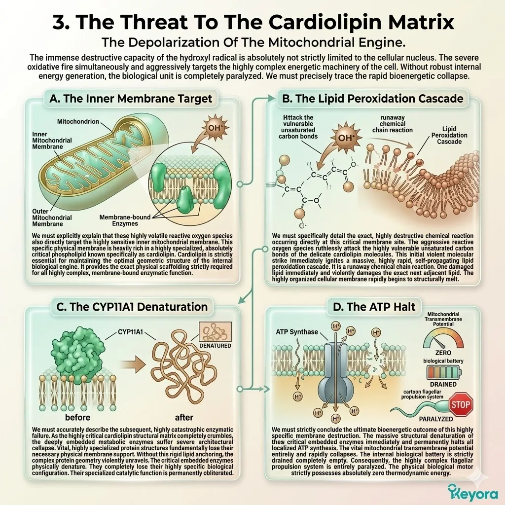 Lipid peroxidation cascades melt the cardiolipin matrix, causing CYP11A1 denaturation and ATP synthesis halt within the Keyora Four-Drive System.
