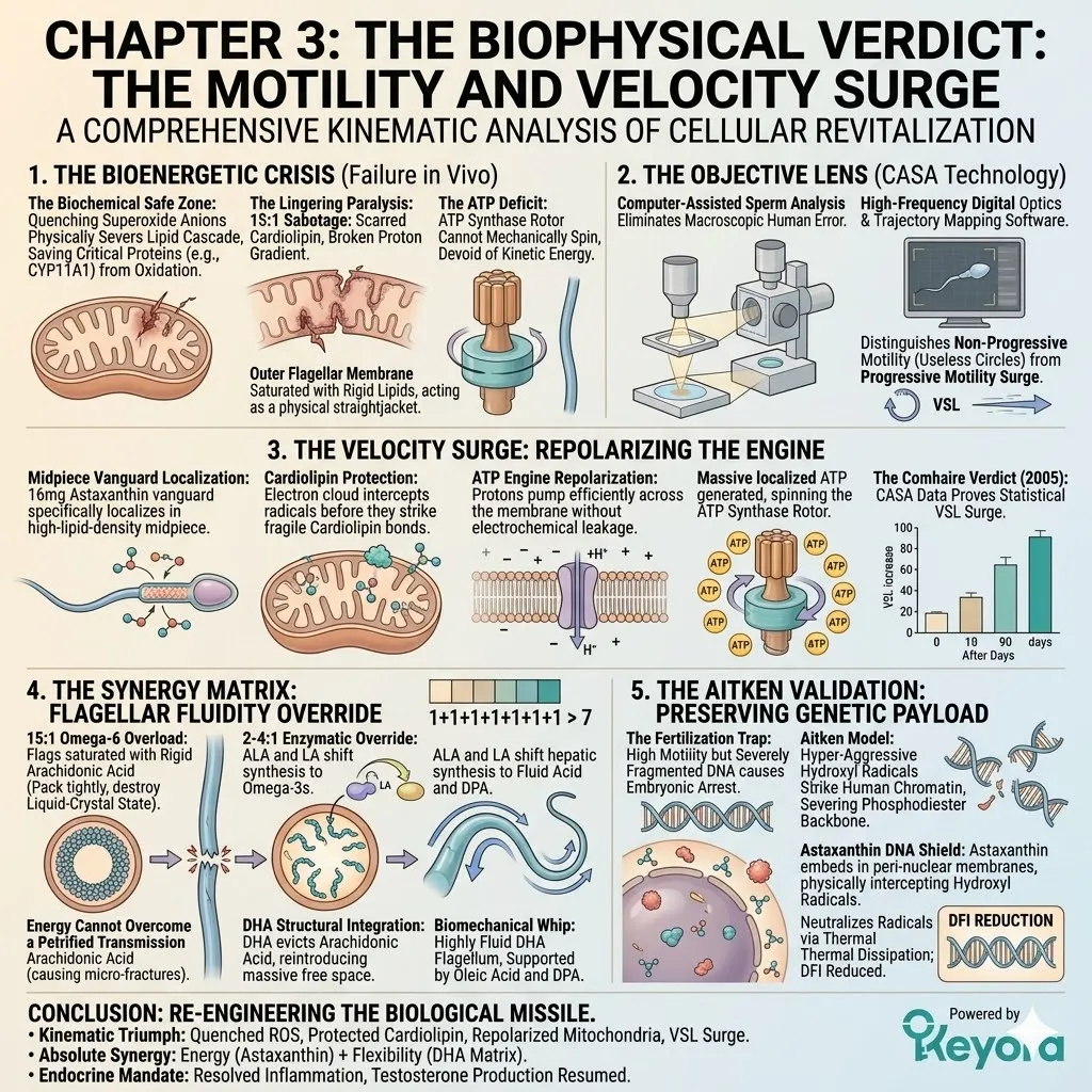 The Four-Drive System executes a total biophysical re-engineering, synthesizing ATP Synthesis and DHA-restored fluidity to deliver a pristine genetic payload for Keyora.