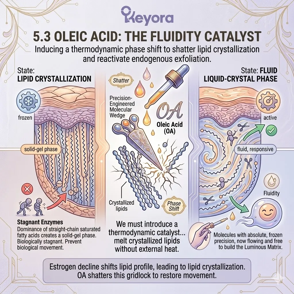 Oleic Acid acts as a fluidity catalyst to shatter lipid crystallization and induce a thermodynamic phase shift within the stagnant structural mortar.