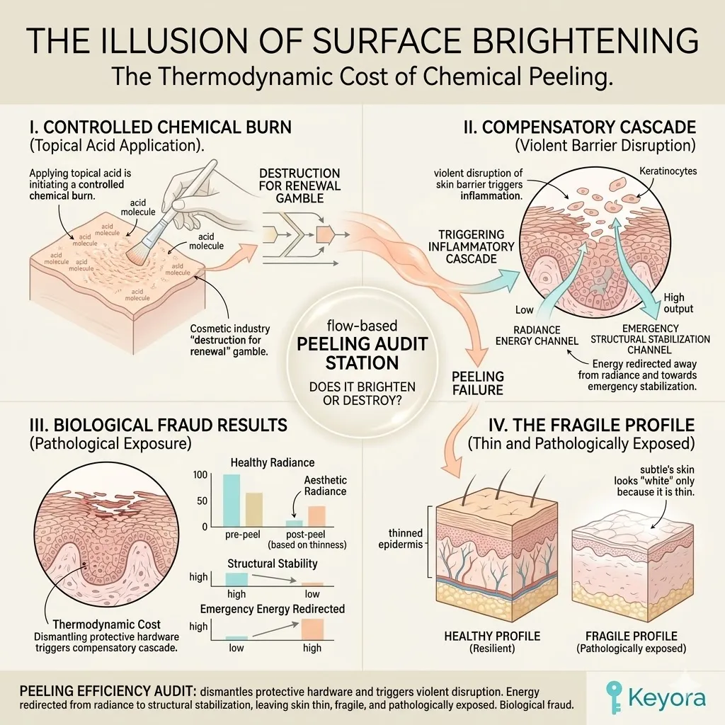 Topical acid abrasion disrupts the Four-Drive System, forcing a thermodynamic cost that shifts energy from radiance toward emergency structural stabilization.
